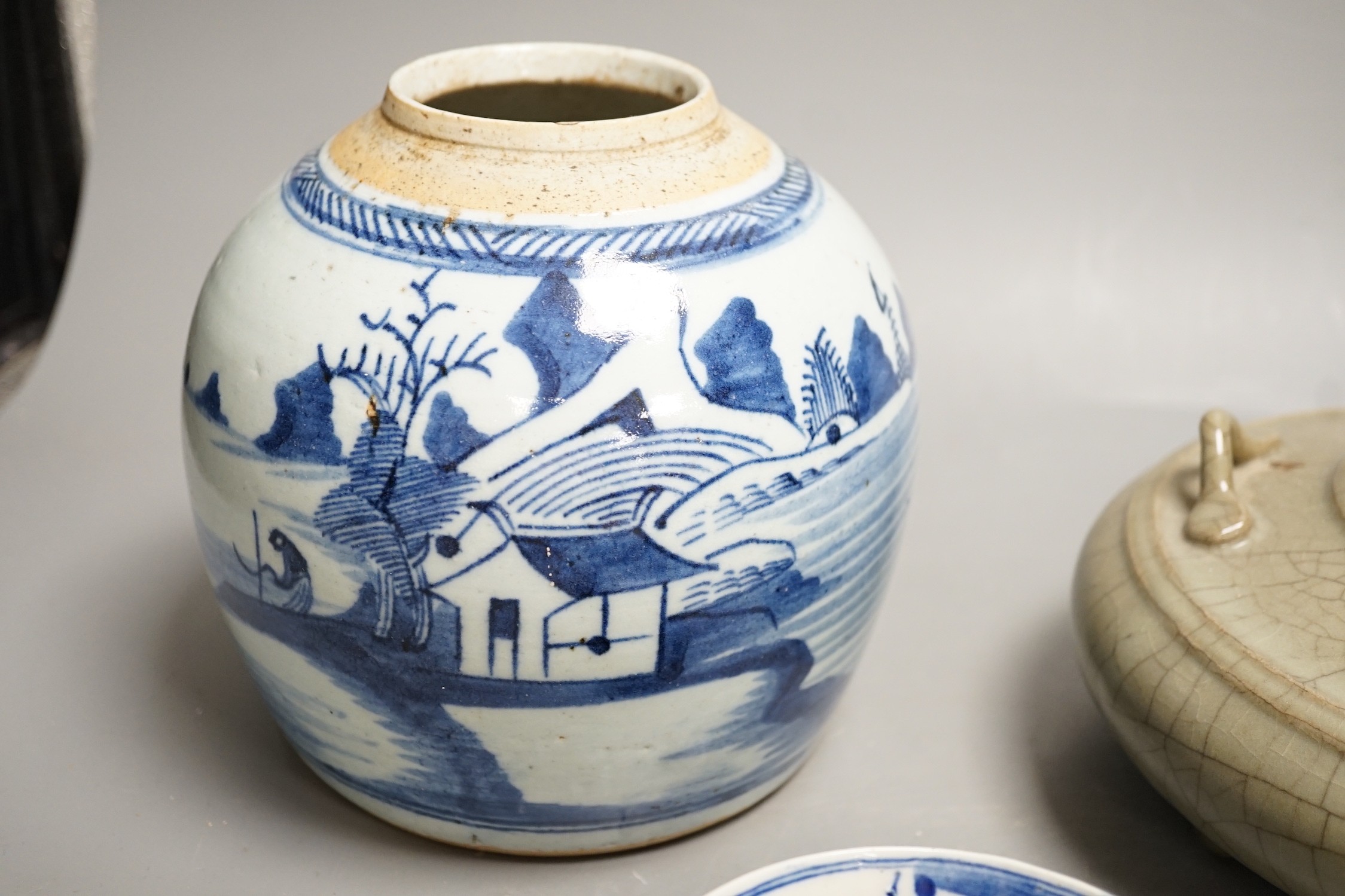 A Chinese celadon glazed censer, 20cm high, a blue and white jar and a bowl, jar 16cms high